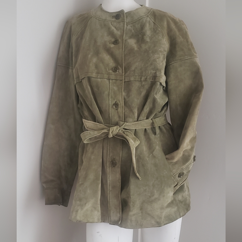 1960s Vintage Beged-Or Leather/Suede Jacket Olive Green Button Up w/Tie